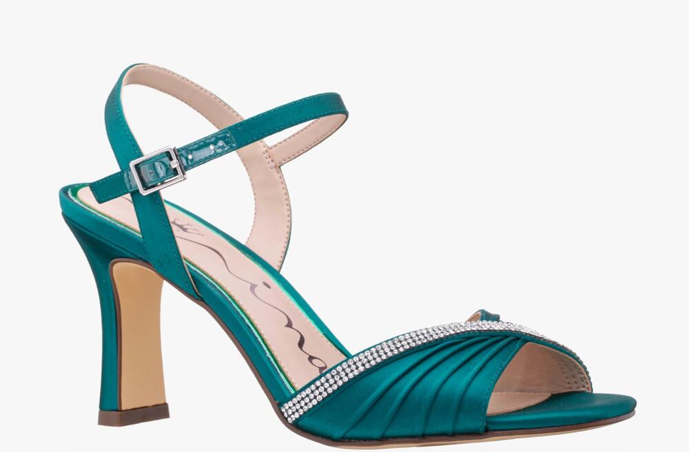 Nina Agnes Jeweled Heels 6.5 Emerald Green Satin NWOT Ankle Strap Formal